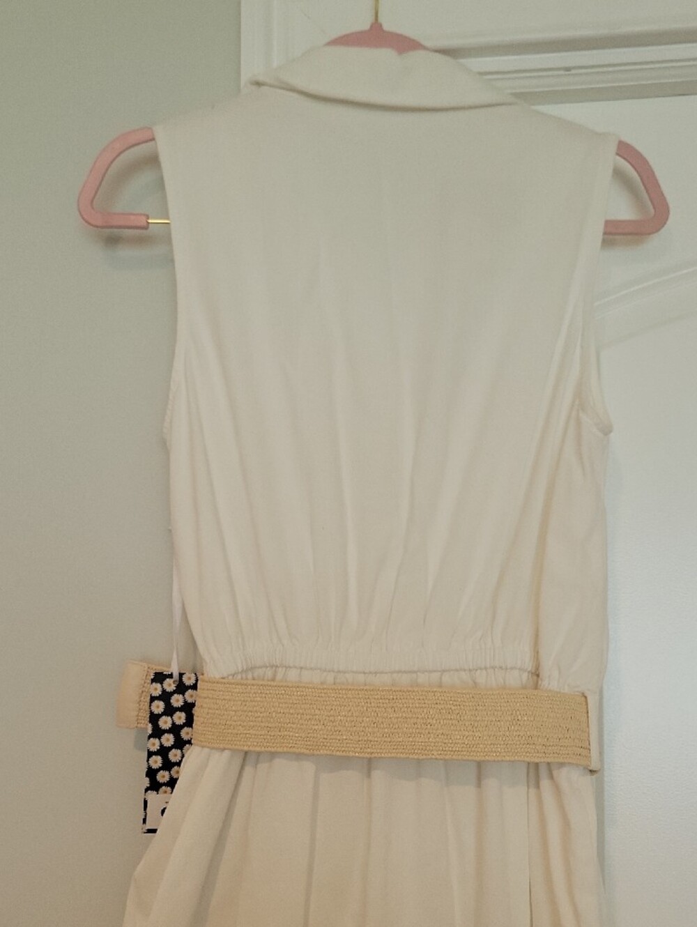 Sleeveless Cream Maxi Shirt Dress with Woven Round-Buckle Belt - Picture 8 of 12